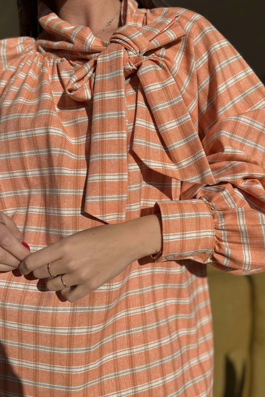 Ophelia Plaid Tie Neck Blouse Soft Aperol /15=